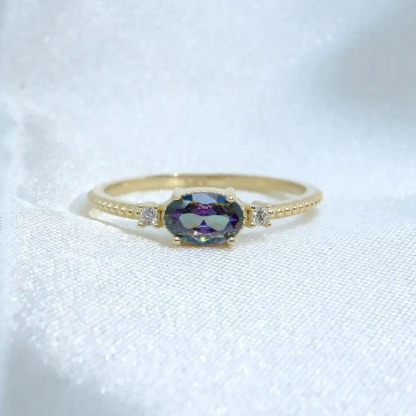 Tria Altın Yüzük - 14 Ayar Altın Oval Mistik Topaz Taşlı Kadın Tektaş Yüzük - Tektaş, Minimal Yüzük - 6