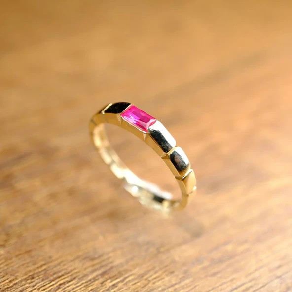 Baget Altın Yüzük - 14 Ayar Altın Baget Yakut Taşlı Kadın Yüzük - Anneler Günü, Sevgiliye Hediye - 4