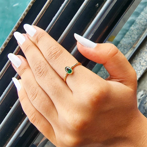 Evlilik Teklifi Altın Yüzük - 14 Ayar Altın 0.35 Karat Zümrüt Yeşili Taşlı Evlilik Teklifi Yüzüğü - 6