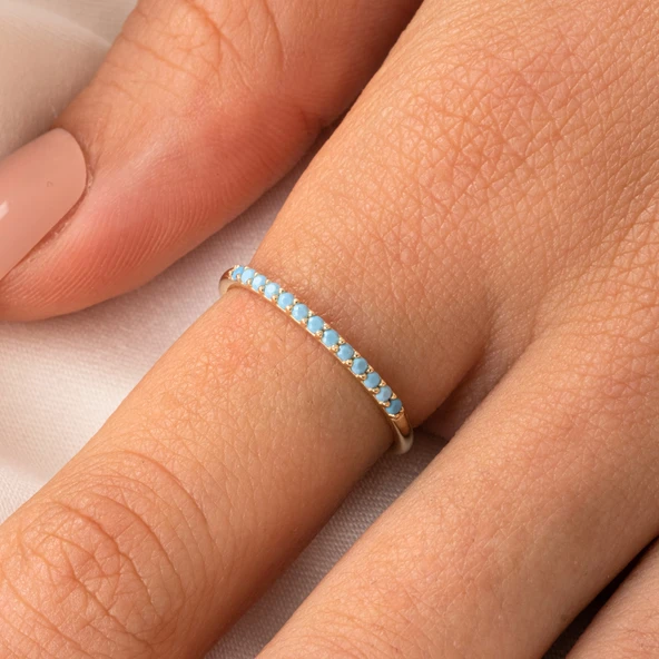 Turkuaz Taşlı Yarım Tur 14K Altın Yüzük - Yarım Tur Pırlanta Montörü Alyans - Nişan Yüzüğü - 2