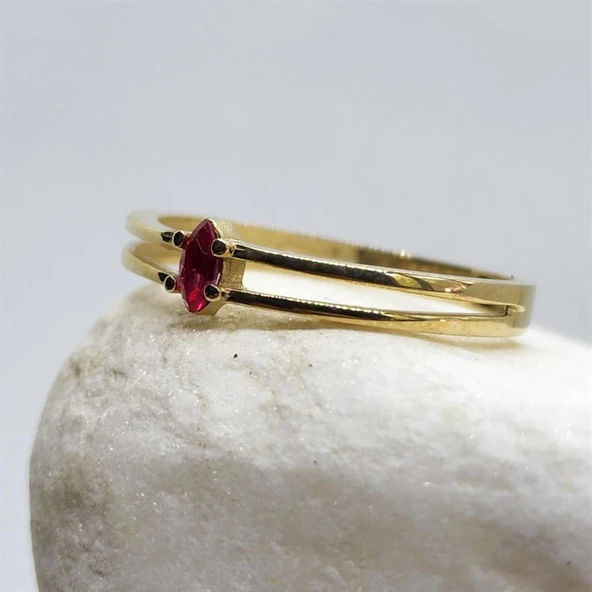 Tektaş Altın Yüzük - 14 Ayar Altın Markiz 0.30 Karat Yakut Taşlı Minimal Tek Taş Kadın Yüzük - 4