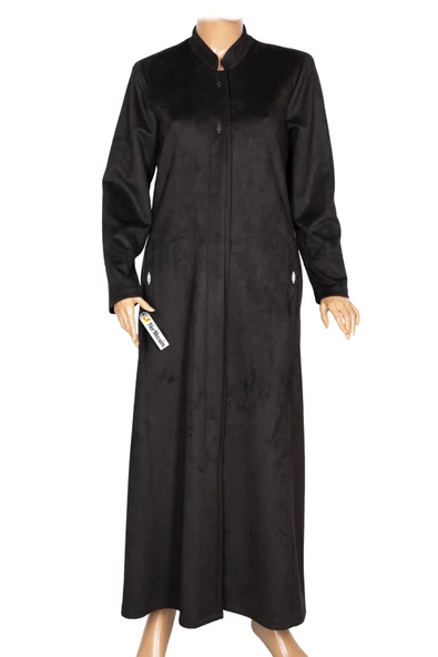 Hesna Kadın Serez Büyük Beden Süet Yanı Cepli Kışlık Siyah Pardesü - Resim 2