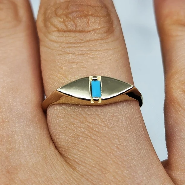 Baget Altın Yüzük - 14 Ayar Altın Mekik Tasarım Turkuaz Baget Taşlı Tektaş Yüzük