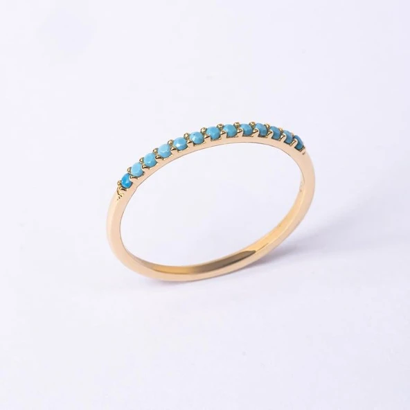 Turkuaz Taşlı Yarım Tur 14K Altın Yüzük - Yarım Tur Pırlanta Montörü Alyans - Nişan Yüzüğü - 8