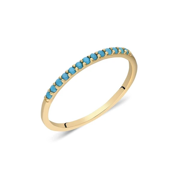 Turkuaz Taşlı Yarım Tur 14K Altın Yüzük - Yarım Tur Pırlanta Montörü Alyans - Nişan Yüzüğü - 5
