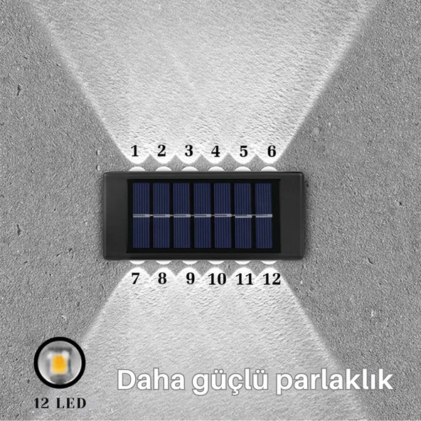 ShopyTech 12 LED Güneş Enerjili Çift Yönlü Duvar Lambası IP65 Otomatik Gece Aydınlatma Kablolamasız Montaj - Resim 7