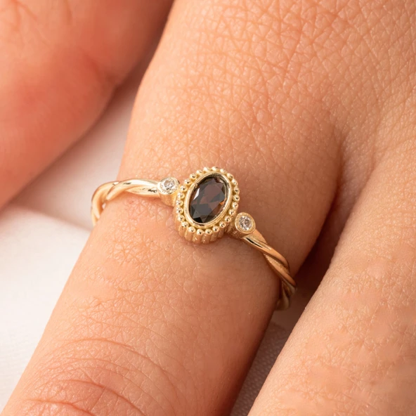 Altın Yüzük - 0.55 Ct Brown (Smoky) 0.10 Ct Pırlanta Swarovski Taşlı 14 Ayar Altın Evlilik Teklifi Yüzüğü - 7