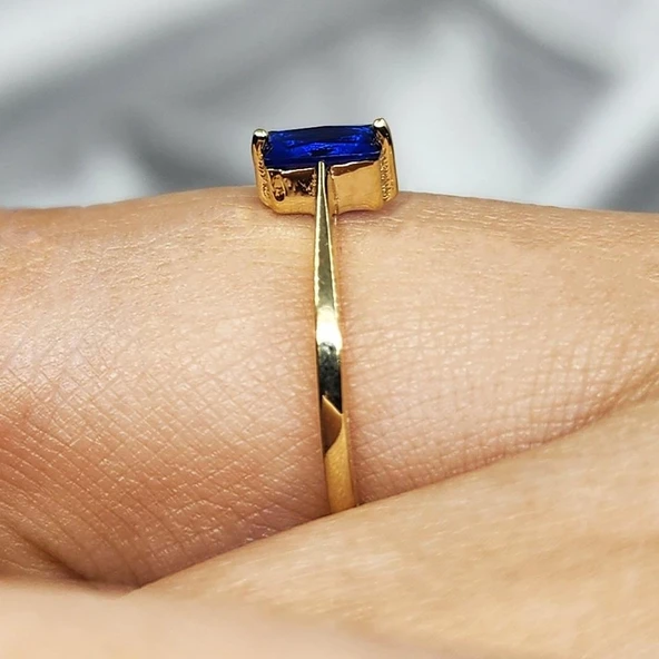 Tektaş Altın Yüzük - 14 Ayar Altın Baget Safir Taşlı Tek Taş Evlilik Teklifi Yüzüğü - Baget Yüzük - Resim 8