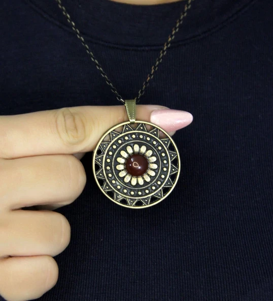 Doğal Taş Akik Doğal Taşlı Yuvarlak Model Antik Kadın Kolye euk46a ürün görseli