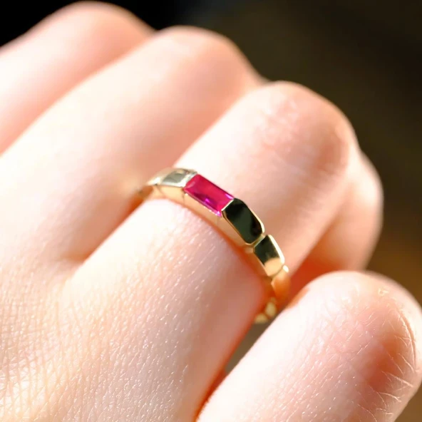 Baget Altın Yüzük - 14 Ayar Altın Baget Yakut Taşlı Kadın Yüzük - Anneler Günü, Sevgiliye Hediye - 2