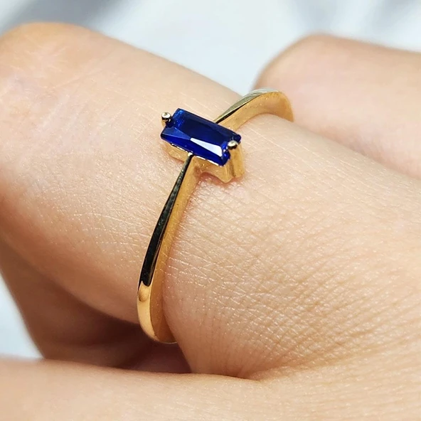 Tektaş Altın Yüzük - 14 Ayar Altın Baget Safir Taşlı Tek Taş Evlilik Teklifi Yüzüğü - Baget Yüzük - Resim 7