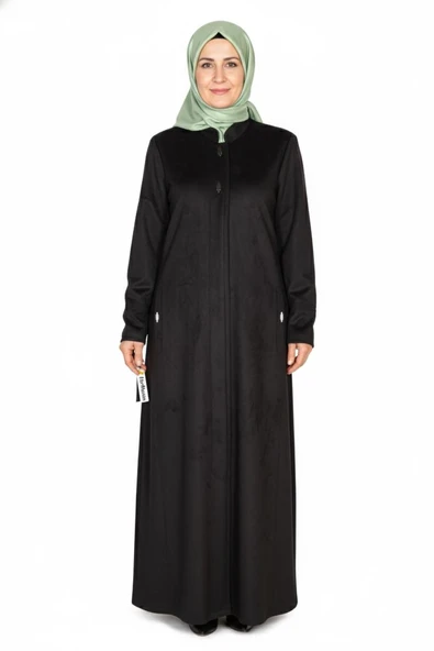 Hesna Kadın Serez Büyük Beden Süet Yanı Cepli Kışlık Siyah Pardesü ürün görseli 1