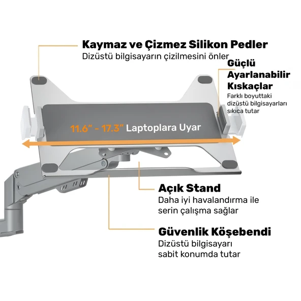 NPO STDNBH6 11.6"-17.3" Notebook/Laptop Tutucu Tepsi VESA 75x75 Uyumlu Monitör Kolu Aparatı - Resim 2