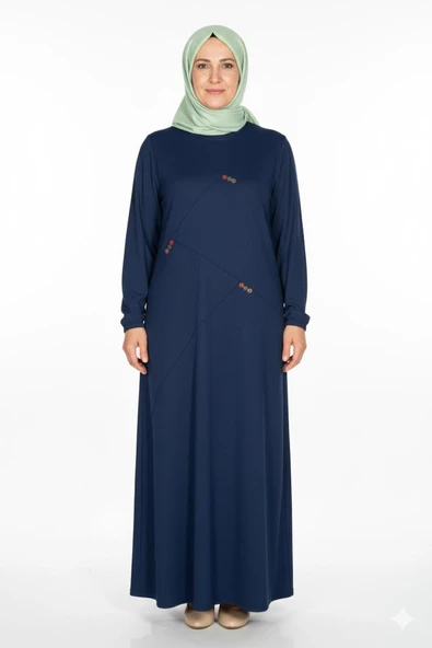 Hesna Kadın Deren Büyük Beden Düğme Detaylı Fitilli İndigo Elbise ürün görseli