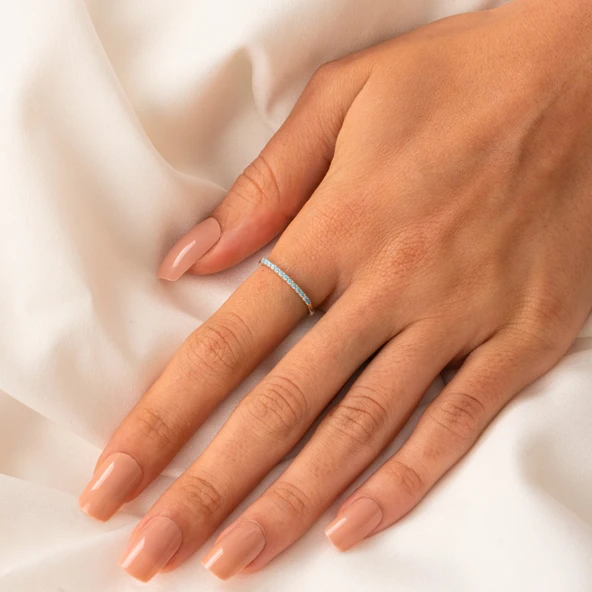 Turkuaz Taşlı Yarım Tur 14K Altın Yüzük - Yarım Tur Pırlanta Montörü Alyans - Nişan Yüzüğü - 3