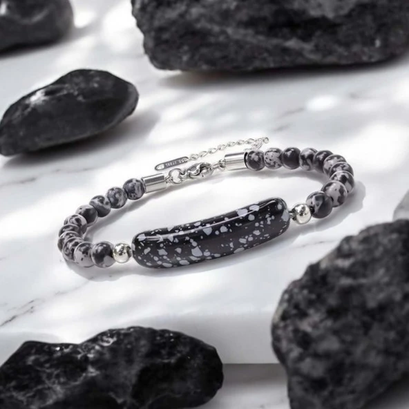 Snowy Obsidian Doğaltaş Çelik Halat Ve Çelik Klipsli Bileklik 31832B19D2 - Resim 3