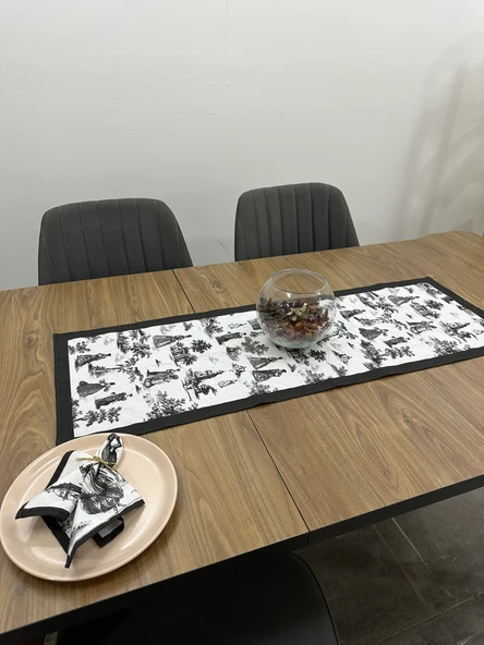 Toile De Jouy Paris Runner 40x110 cm | %100 Pamuk Dijital Baskılı Masa Örtüsü | Klasik Fransız Tarzı Masa Dekoru - ZT700  siyah - Resim 6