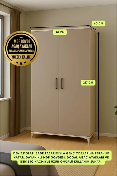 Deniz 2 Kapaklı Çekmeceli Genç Odası Dolabı | MDF | Ağaç Ayaklar | REHAU Kaplama Kapaklar - Resim 2