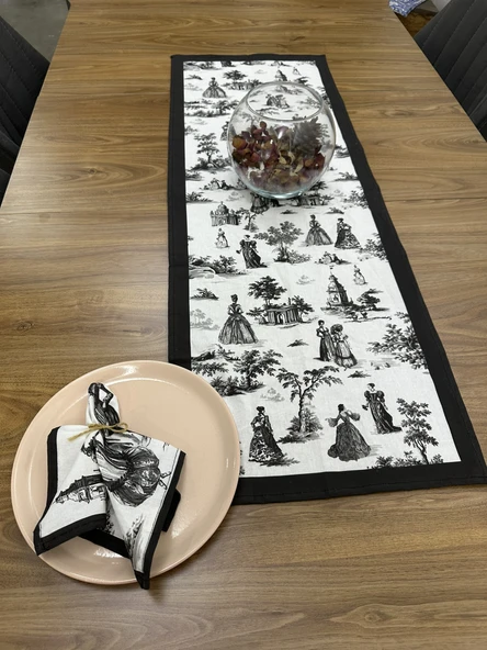 Toile De Jouy Paris Runner 40x110 cm | %100 Pamuk Dijital Baskılı Masa Örtüsü | Klasik Fransız Tarzı Masa Dekoru - ZT700  siyah - Resim 2