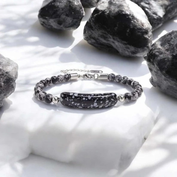 Snowy Obsidian Doğaltaş Çelik Halat Ve Çelik Klipsli Bileklik 31832B19D2 - Resim 4
