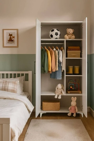 Deniz 2 Kapaklı Genç Odası Dolabı | MDF | Ağaç Ayaklar | REHAU Kaplama Kapaklar - Resim 3