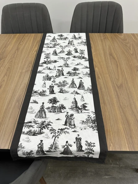 Toile De Jouy Paris Runner 40x110 cm | %100 Pamuk Dijital Baskılı Masa Örtüsü | Klasik Fransız Tarzı Masa Dekoru - ZT700  siyah - Resim 5