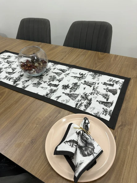 Toile De Jouy Paris Runner 40x110 cm | %100 Pamuk Dijital Baskılı Masa Örtüsü | Klasik Fransız Tarzı Masa Dekoru - ZT700  siyah - Resim 3