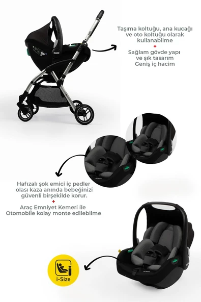 Kanz Marcus Kolay Katlanabilen Kabin Travel Sistem Bebek Arabası Raisin Black - 6