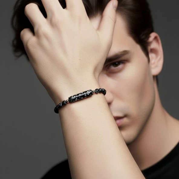 Snowy Obsidian Doğaltaş Çelik Halat Ve Çelik Klipsli Bileklik 31832B19D2 - Resim 2