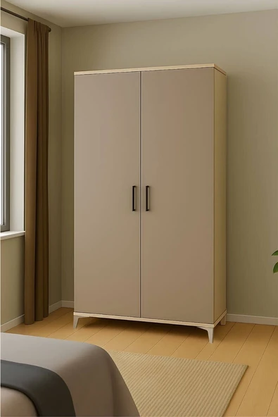 Deniz 2 Kapaklı Çekmeceli Genç Odası Dolabı | MDF | Ağaç Ayaklar | REHAU Kaplama Kapaklar ürün görseli 1