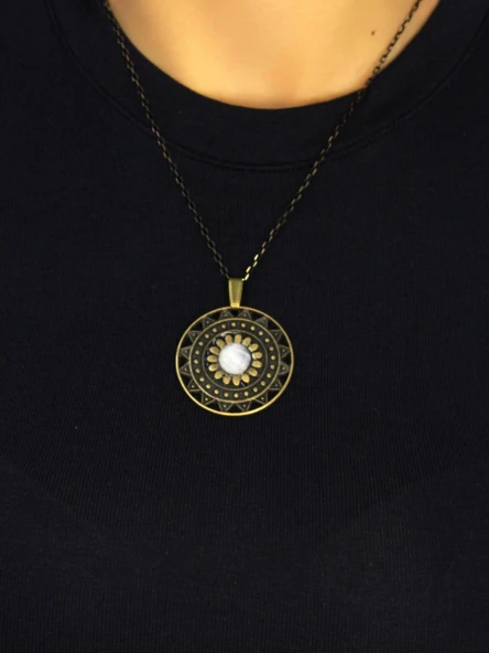 Doğal Taş Aytaşı Doğal Taşlı Yuvarlak Model Antik Kadın Kolye euk46ay - Resim 3