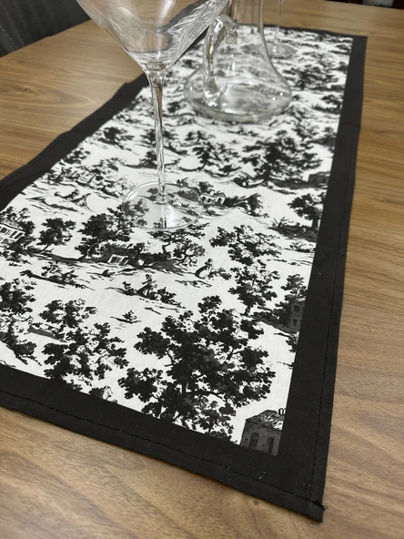 Toile De Jouy Monet Runner 40x110 cm | %100 Pamuk Dijital Baskılı Masa Örtüsü | Country Tarzı Fransız Desen Masa Dekoru - ZT710  siyah - 6