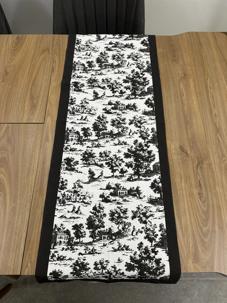 Toile De Jouy Monet Runner 40x110 cm | %100 Pamuk Dijital Baskılı Masa Örtüsü | Country Tarzı Fransız Desen Masa Dekoru - ZT710  siyah - 2