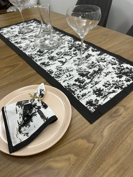 Toile De Jouy Monet Runner 40x110 cm | %100 Pamuk Dijital Baskılı Masa Örtüsü | Country Tarzı Fransız Desen Masa Dekoru - ZT710  siyah - 4