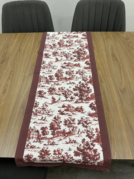 Toile De Jouy Monet Runner 40x110 cm | %100 Pamuk Dijital Baskılı Masa Örtüsü | Country Tarzı Fransız Desen Masa Dekoru - ZT710  Kırmızı