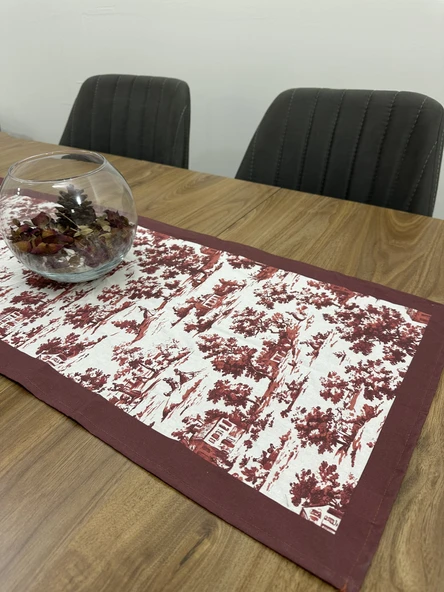 Toile De Jouy Monet Runner 40x110 cm | %100 Pamuk Dijital Baskılı Masa Örtüsü | Country Tarzı Fransız Desen Masa Dekoru - ZT710  Kırmızı - 5