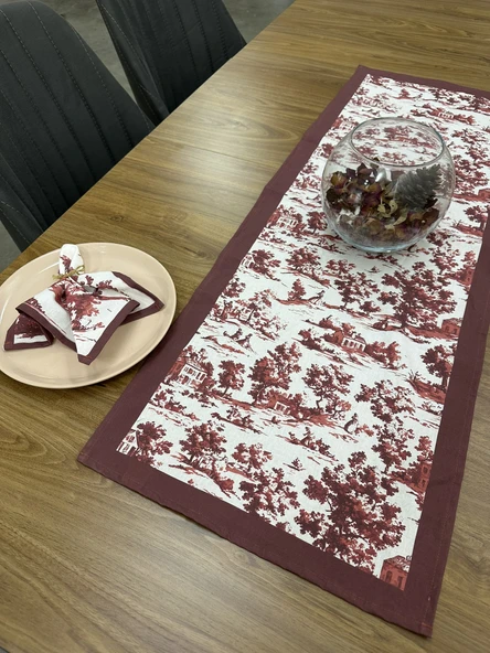 Toile De Jouy Monet Runner 40x110 cm | %100 Pamuk Dijital Baskılı Masa Örtüsü | Country Tarzı Fransız Desen Masa Dekoru - ZT710 Kırmızı - 2