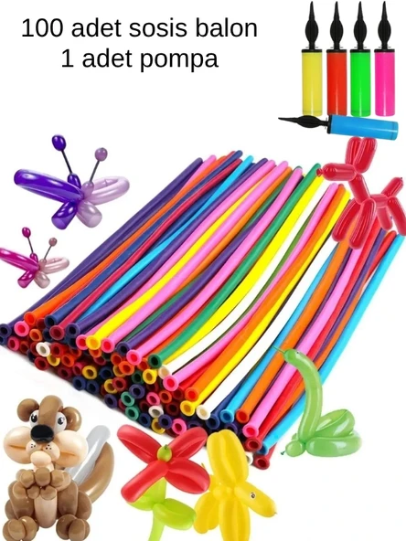 Sosis Balon - 100 Adet Renkli Sosis Balon Oyun Parti Balonu130 Cm + Pompa ürün görseli
