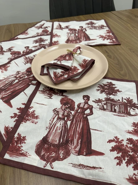 Toile De Jouy Paris Amerikan Servis 6’lı Set | 35x45 cm | %100 Pamuk Dijital Baskılı | Klasik Fransız Tarzı Masa Dekoru - ZT720 Kırmızı - 4