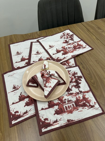 Toile De Jouy Monet Amerikan Servis 6’lı Set | 35x45 cm | %100 Pamuk Dijital Baskılı | Country Tarzı Fransız Masa Dekoru - ZT730 Kırmızı