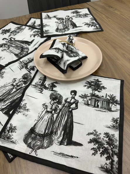 Toile De Jouy Paris Amerikan Servis 6’lı Set | 35x45 cm | %100 Pamuk Dijital Baskılı | Klasik Fransız Tarzı Masa Dekoru - ZT720 siyah - 2