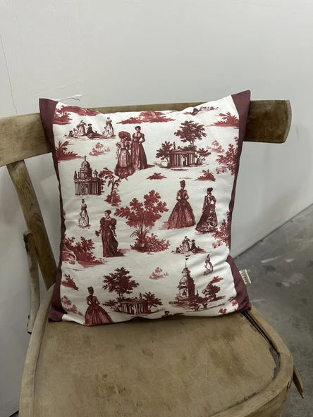 Toile De Jouy Paris Kırlent Kılıfı 43x43 cm | %100 Pamuk Dijital Baskılı | Klasik Fransız Tarzı Dekoratif Yastık Kılıfı - ZT740 Kırmızı