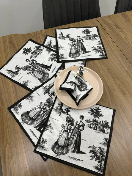 Toile De Jouy Paris Amerikan Servis 6’lı Set | 35x45 cm | %100 Pamuk Dijital Baskılı | Klasik Fransız Tarzı Masa Dekoru - ZT720  siyah