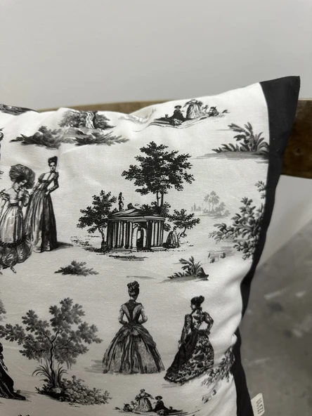 Toile De Jouy Paris Kırlent Kılıfı 43x43 cm | %100 Pamuk Dijital Baskılı | Klasik Fransız Tarzı Dekoratif Yastık Kılıfı - ZT740 siyah - 4