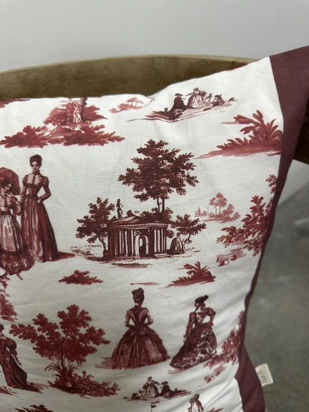 Toile De Jouy Paris Kırlent Kılıfı 43x43 cm | %100 Pamuk Dijital Baskılı | Klasik Fransız Tarzı Dekoratif Yastık Kılıfı - ZT740  Kırmızı - 5