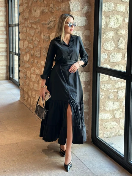 Lucky Life Kadın Uzun Kollu Eteği Fırfırlı Beli Kuşaklı Trikoton Tam Boy Gömlek Elbise - Resim 6