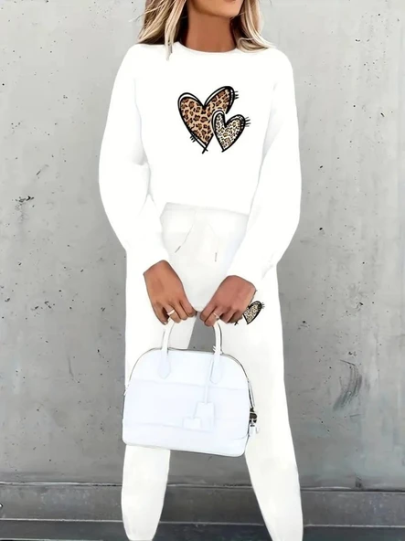 Lucky Life Kadın Uzun Kollu Bisiklet Yaka Kalp Desenli şardonlu üç Iplik Bluz Ve Pantolon Ikili Takım ürün görseli 1