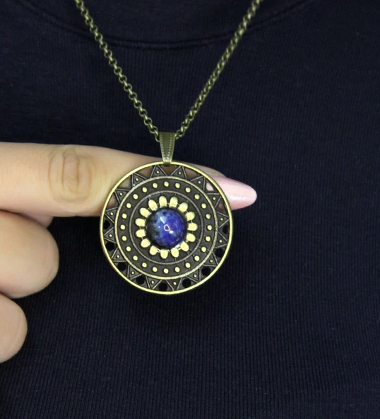Doğal Taş Lapis Doğal Taşlı Yuvarlak Model Antik Kadın Kolye euk46lps ürün görseli