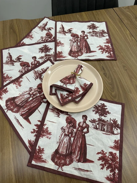 Toile De Jouy Paris Amerikan Servis 6’lı Set | 35x45 cm | %100 Pamuk Dijital Baskılı | Klasik Fransız Tarzı Masa Dekoru - ZT720  Kırmızı - 5