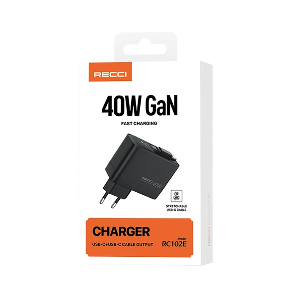 Recci RC102E GaN Teknolojili Hızlı Şarj Başlığı USB-A to Type-C PD 40W Type-C Kablolu Şarj Seti - Resim 11
